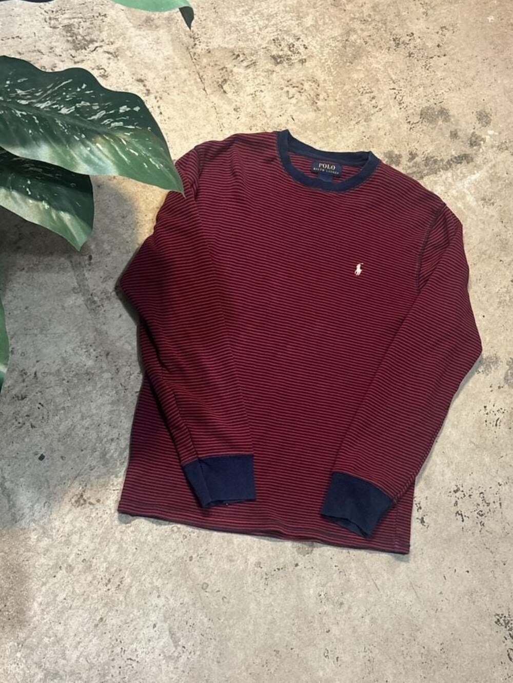 Polo Ralph Lauren Red and Navy Striped Long Sleeve Ribbed Knit Shirt
